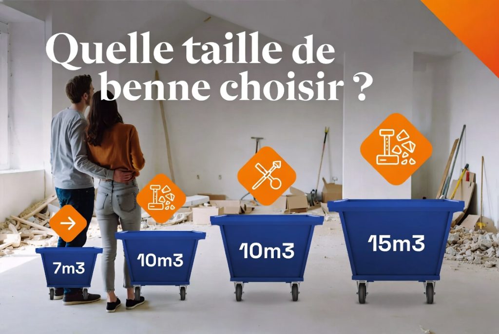 Un couple observe différentes tailles de bennes (7m³, 10m³, 15m³) dans une maison en rénovation pour bien choisir sa location de benne