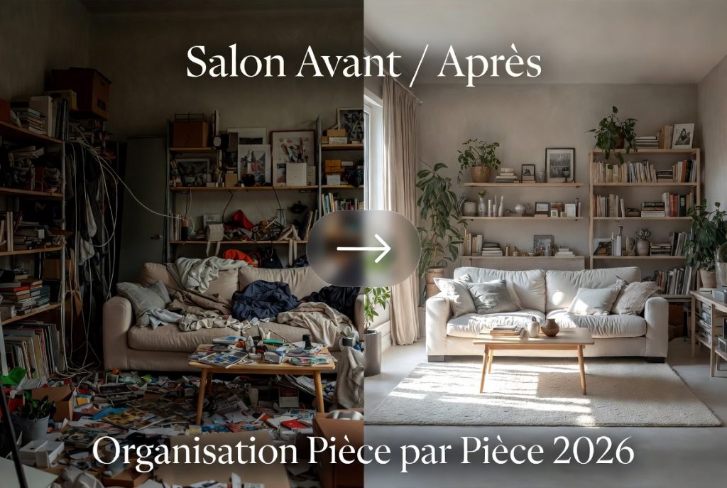 Avant/après : organisation et rangement d'un salon en 2026 - Guide ultime pièce par pièce