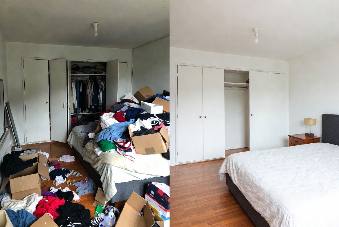 Débarras avant après chambre : pièce remplie transformée en chambre nette et vide