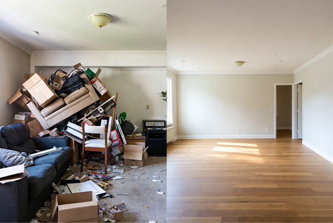 Débarras avant après salon : pièce très encombrée transformée en espace vide et propre