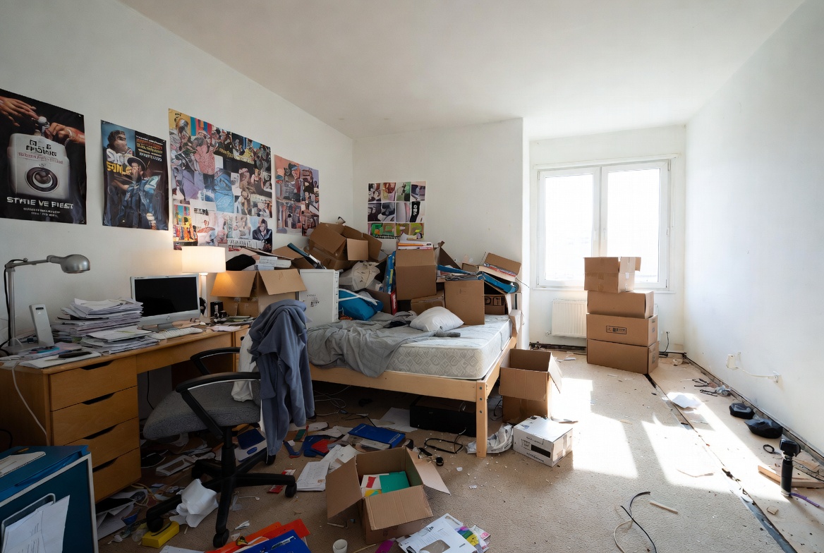 Photo réaliste avant après déménagement : pièce encombrée transformée en espace vide et propre