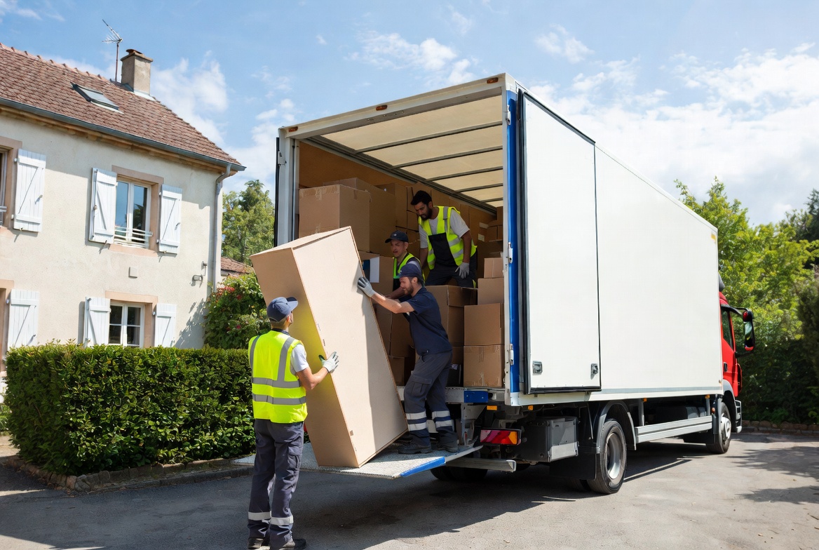 Photo réaliste d'une équipe de déménageurs professionnels chargeant des meubles dans un camion en France
