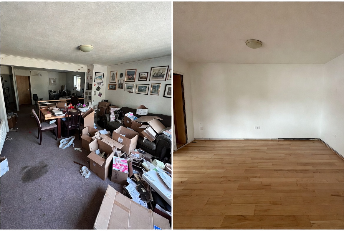 Déménagement maison avant après - intérieur encombré transformé en espace vide et propre