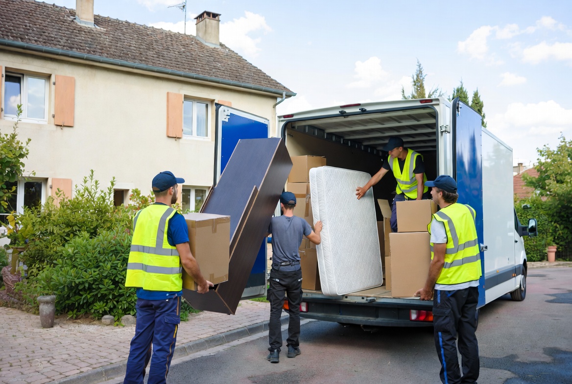Équipe professionnelle de déménageurs chargeant une maison en France - photo réaliste