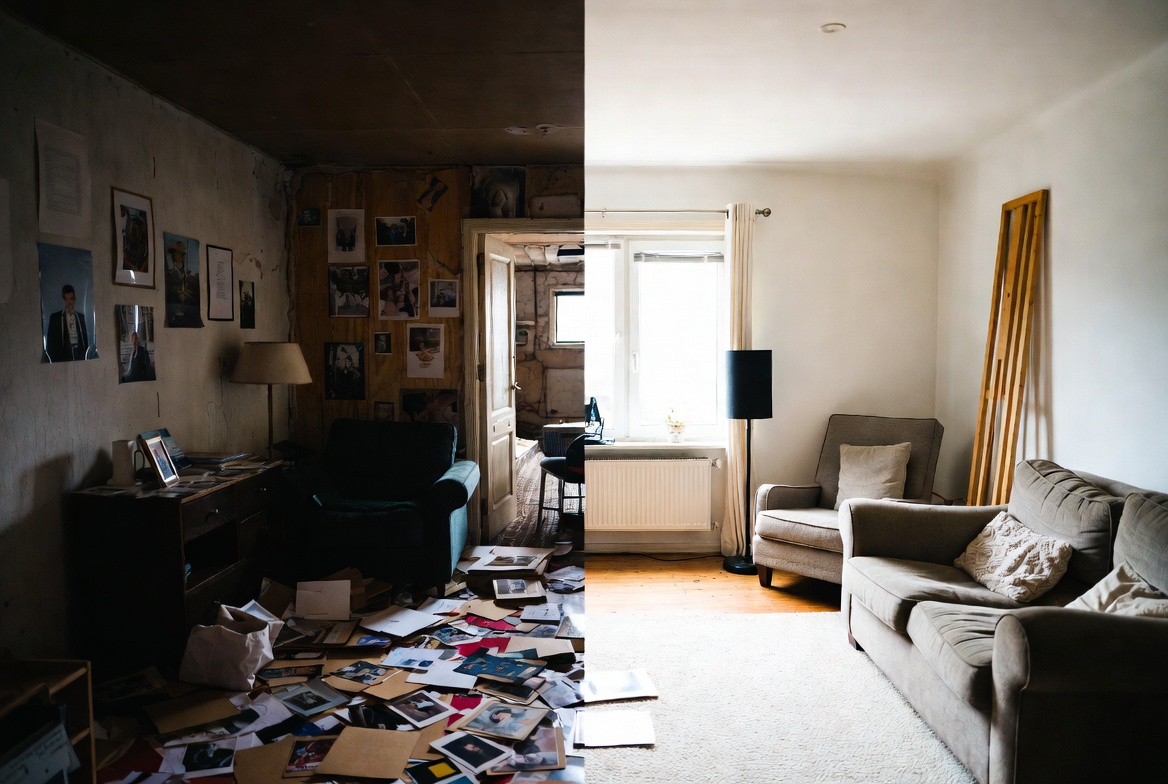 Photo réaliste avant après déménagement senior : intérieur avant et après