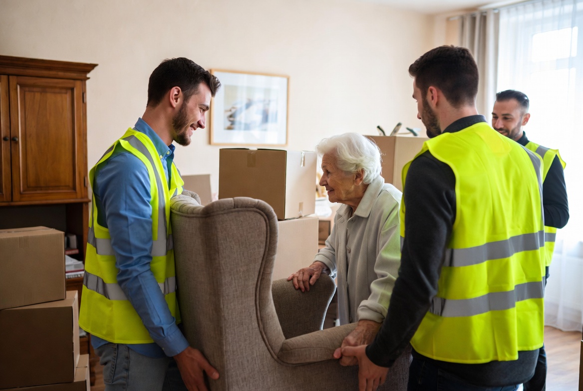 Photo réaliste d'une équipe bienveillante aidant une personne âgée à déménager