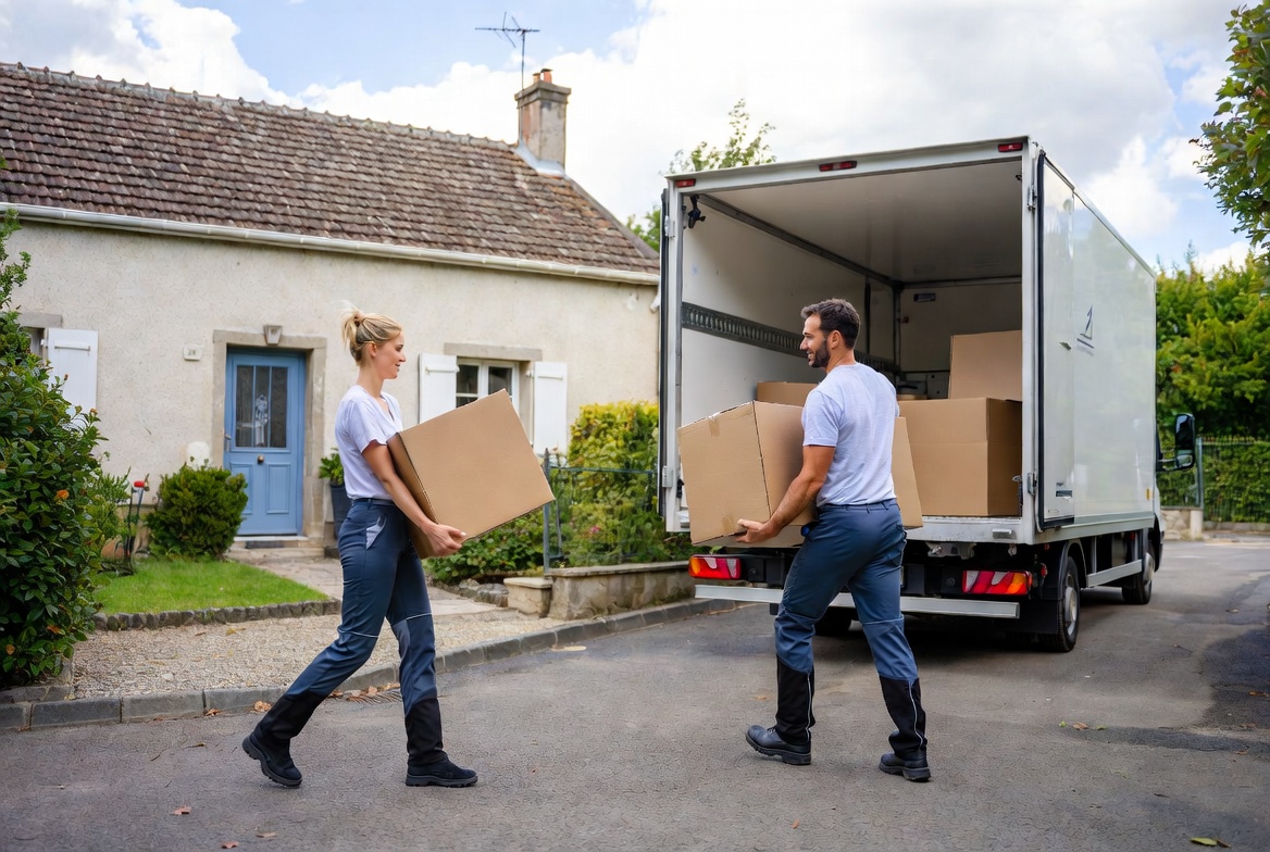 Équipe de professionnels du débarras en train de charger un camion devant une maison française