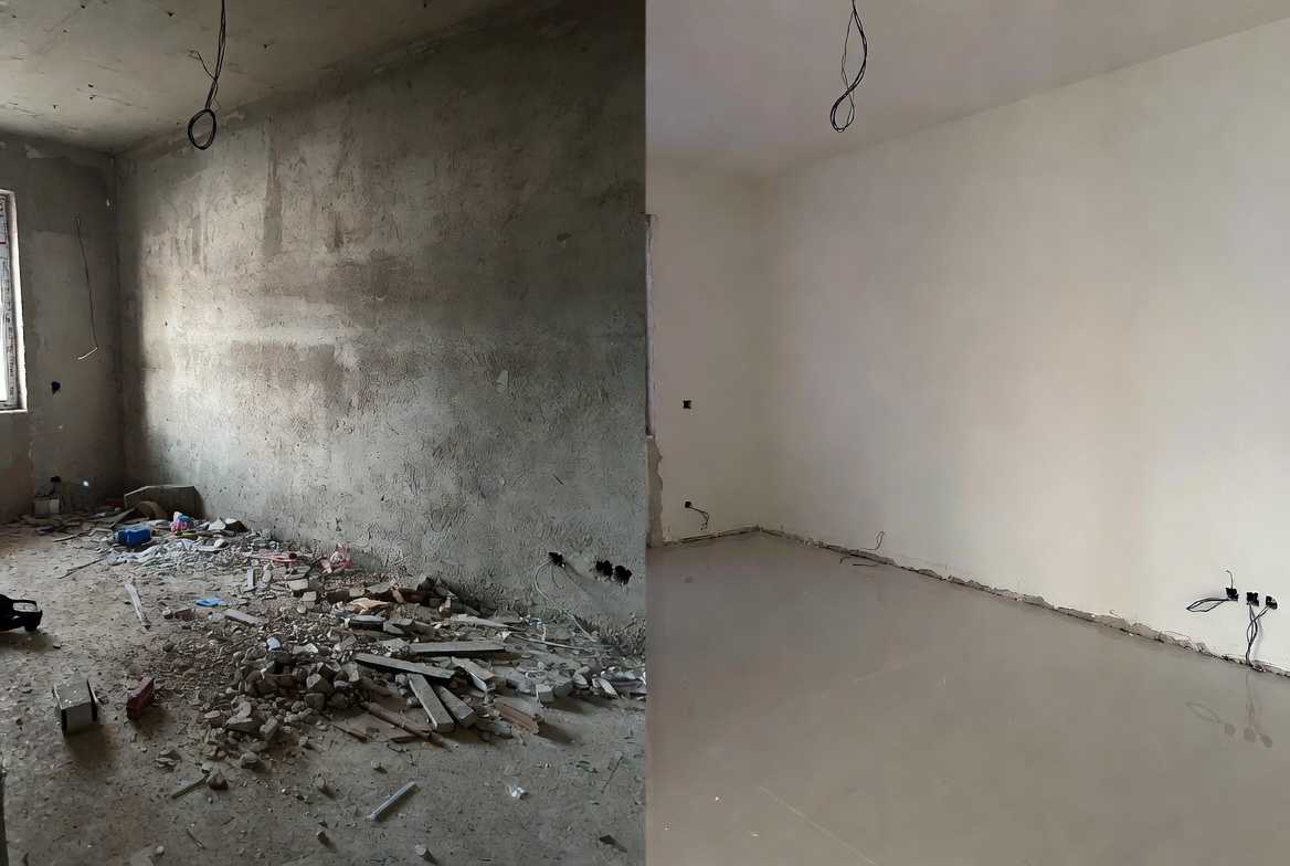 Nettoyage après travaux avant après : pièce de chantier transformée en espace propre et net