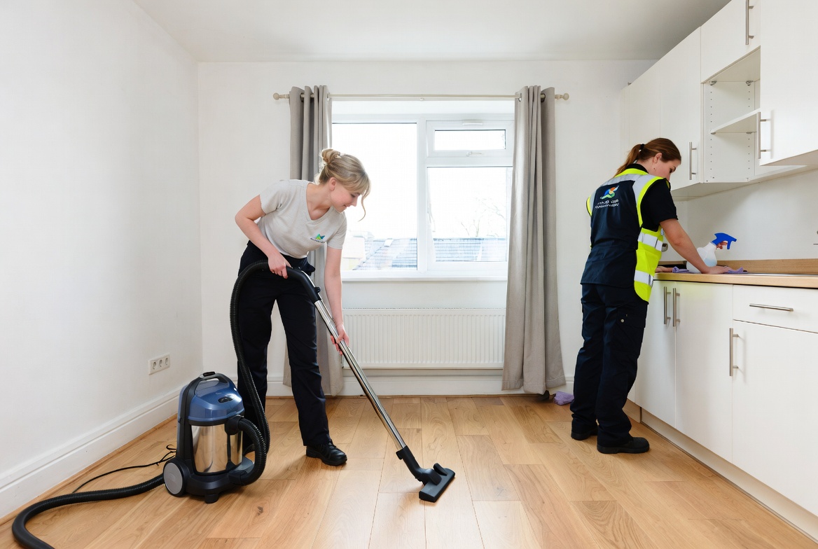 Équipe professionnelle de nettoyage après débarras et travaux dans un appartement