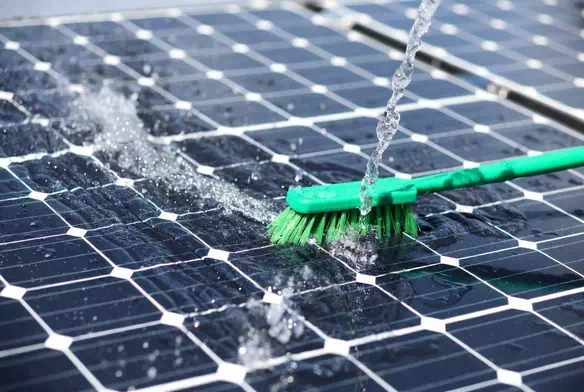 Technicien en train de nettoyer des panneaux solaires avec une brosse douce et de l’eau claire en hauteur

