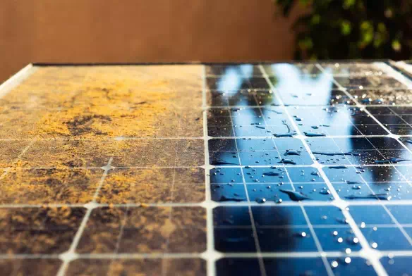 Comparaison avant/après nettoyage de panneaux photovoltaïques - Installation encrassée à droite et panneaux parfaitement propres à  gauche le pollen.

